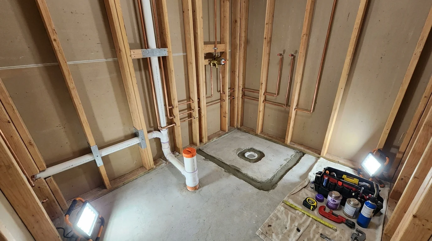 Bathroom rough-in plumbing during remodel by Johns Plumbing LLC in Lanham