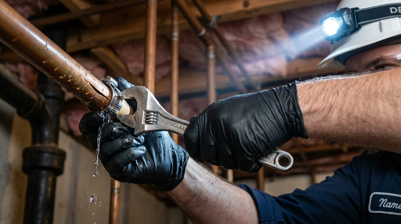 Emergency pipe clamp repair being performed by a Johns Plumbing LLC plumber in Lanham