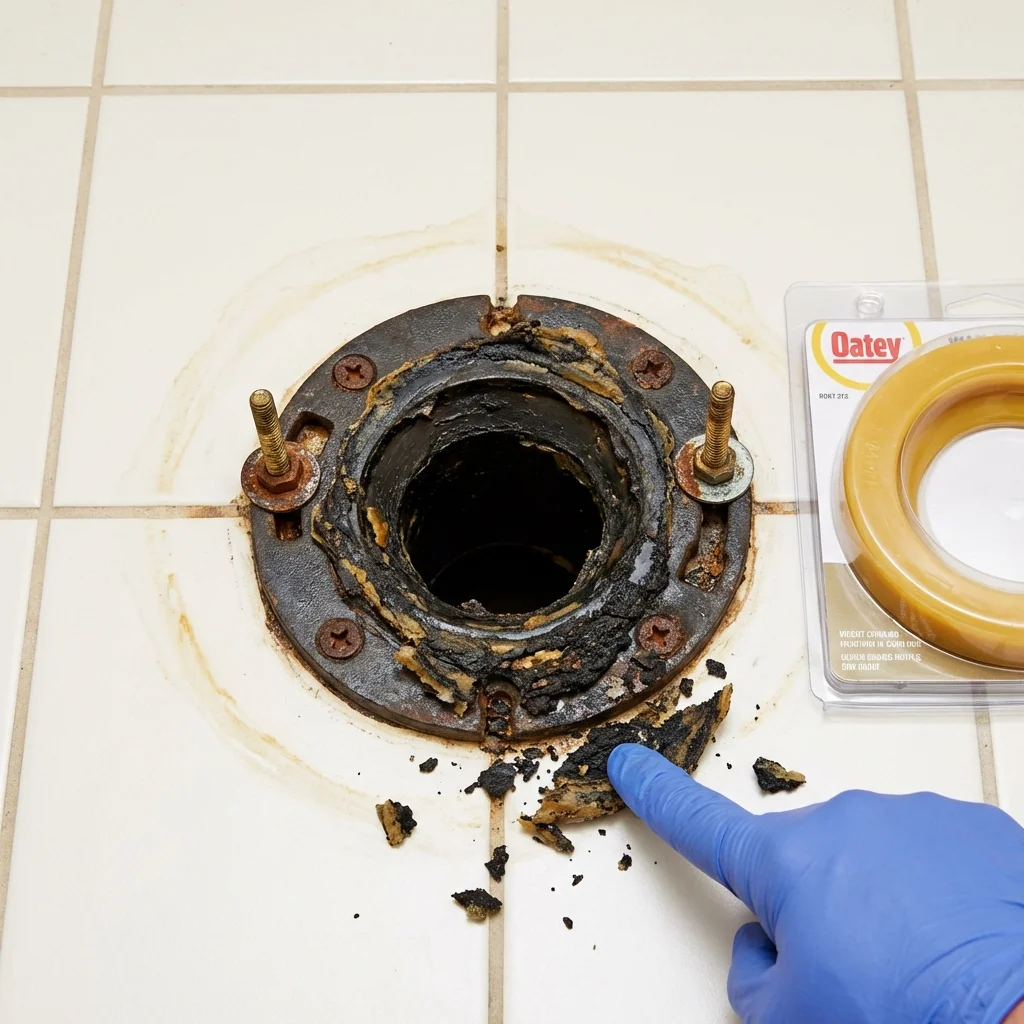 Failed wax ring showing water seepage at the base of a toilet in a Lanham, MD home