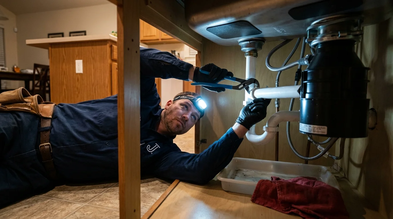 P-trap and supply line connections under a kitchen sink showing a common leak point in Lanham, MD